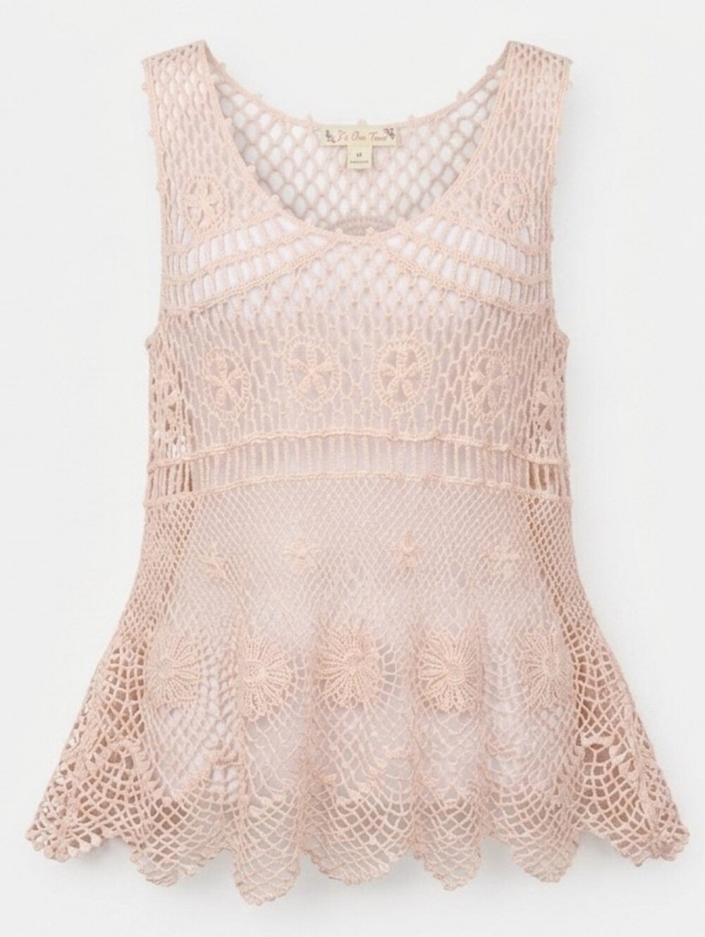 Crochet Knit Tank Top Medium Blush Pink Open Weave Boho Festival Cover Up Peplum